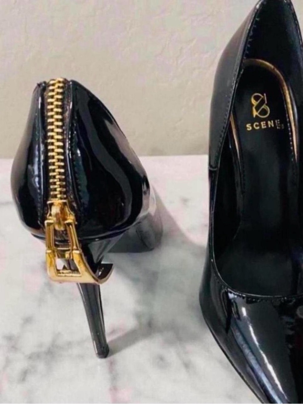 Scene Weaver Black Patent High-Heel Pumps with Gold Back Zip